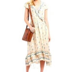 Chelsea & Violet Cream Midi Dress with Blue Floral Pattern